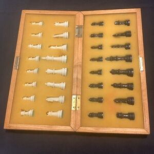 Vintage Chess Set 32 Piece Magnetic Closure Wood Box. Metal Board is iStained